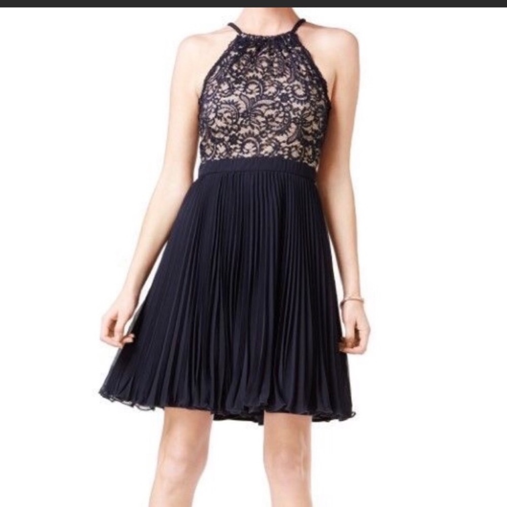 XSCAPE navy nude pleated lace dress